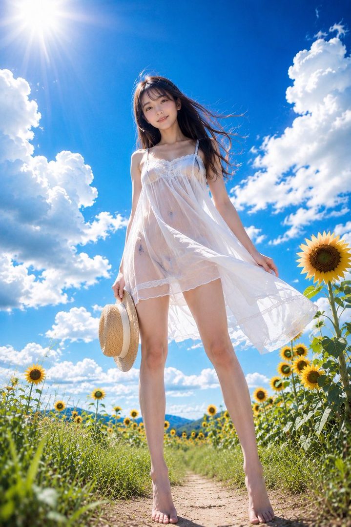A young woman in a sheer white dress stands barefoot in a sunflower field under a bright blue sky.