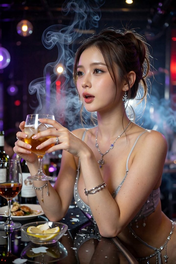 A beautiful woman with brown hair in an elegant, revealing outfit holds a drink in a dimly lit bar with smoke around her.