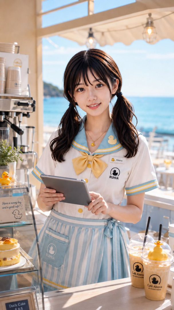 A young woman with brown hair in pigtails and bangs, wearing a blue and white sailor-style uniform with a yellow bow, stands at a cafe counter by the beach, holding a tablet.