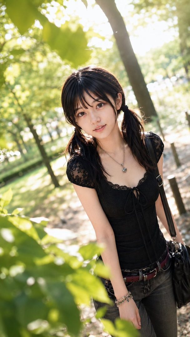 A young woman with black twintails and bangs, wearing a black lace top and jeans, stands outdoors in a park with dappled sunlight.