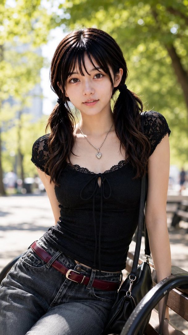 A young woman with black hair in pigtails and bangs, wearing a black lace top and jeans, sits outdoors on a sunny day.