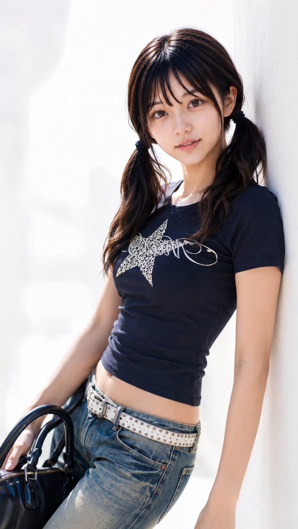 A young woman with black hair in pigtails and bangs, wearing a dark t-shirt and jeans, leans against a white wall outdoors.
