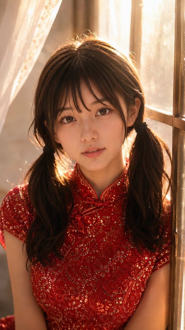 A young woman with brown hair in pigtails, wearing a red sequined cheongsam, looks directly at the camera with a soft expression, bathed in golden hour light.