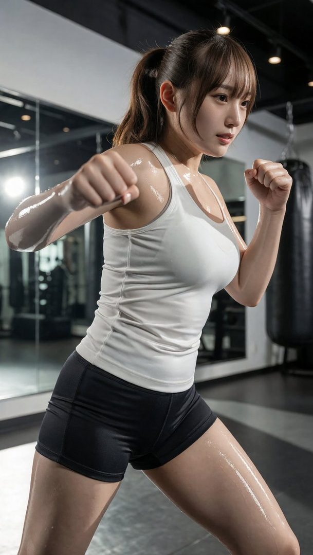 A young woman with a ponytail and bangs, wearing sportswear, is sweating while posing in a gym.