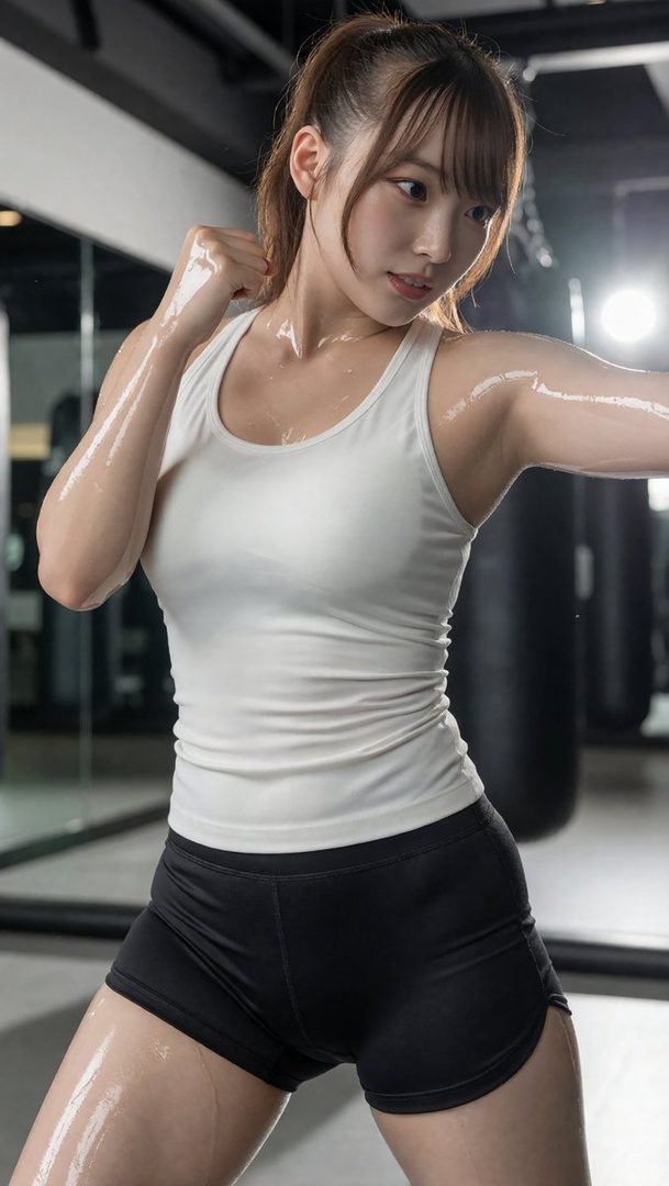 A sweaty woman with brown hair in a ponytail and bangs, wearing a white tank top and black shorts, poses in a gym.
