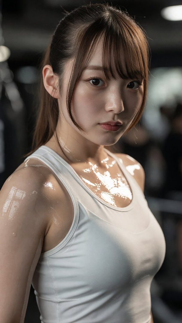 A photorealistic portrait of a young East Asian woman with brown hair in a ponytail and bangs, wearing a white sports top, looking sweaty after a workout at the gym.