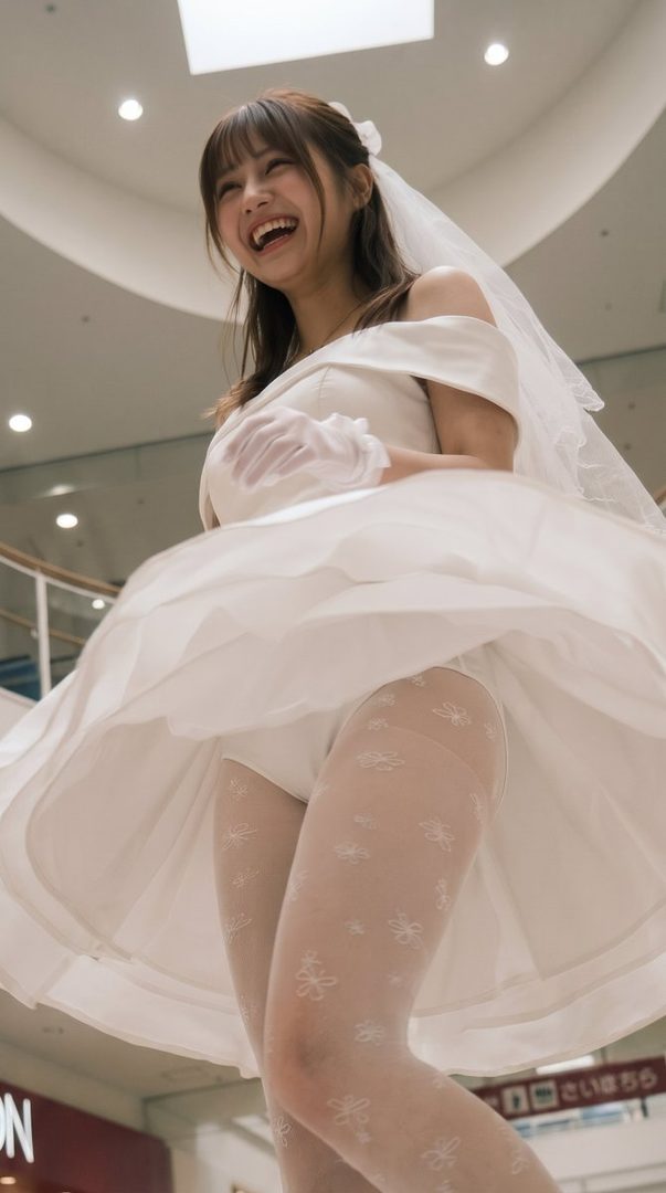 A playful woman in a white wedding dress and sheer patterned tights laughs while her skirt billows upwards, revealing her legs.