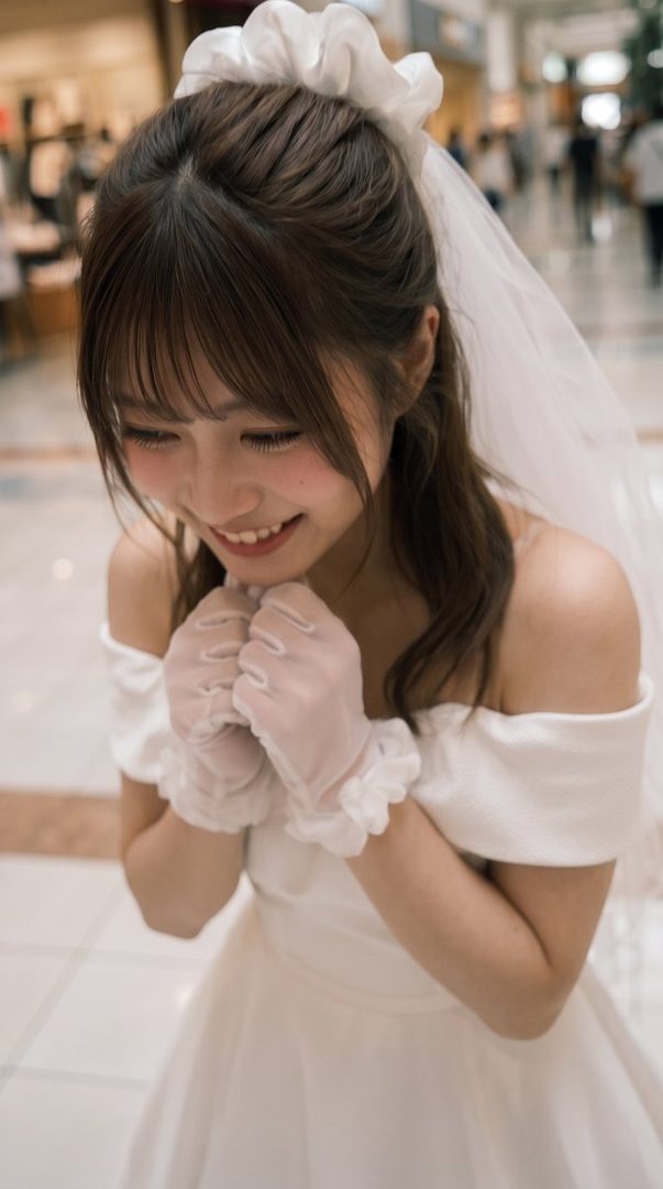 A young woman in a white wedding dress and veil, with sheer gloves, smiles shyly while looking down.