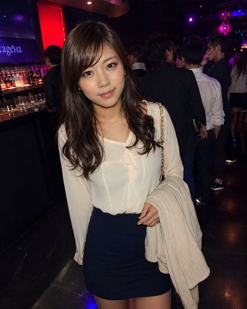 A young woman with long brown hair and bangs, wearing a white blouse and a dark skirt, stands in a dimly lit club.
