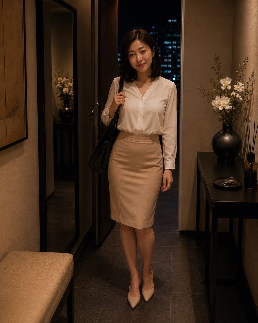 A woman in a white blouse and beige skirt stands in an indoor hallway at night, holding a black bag.