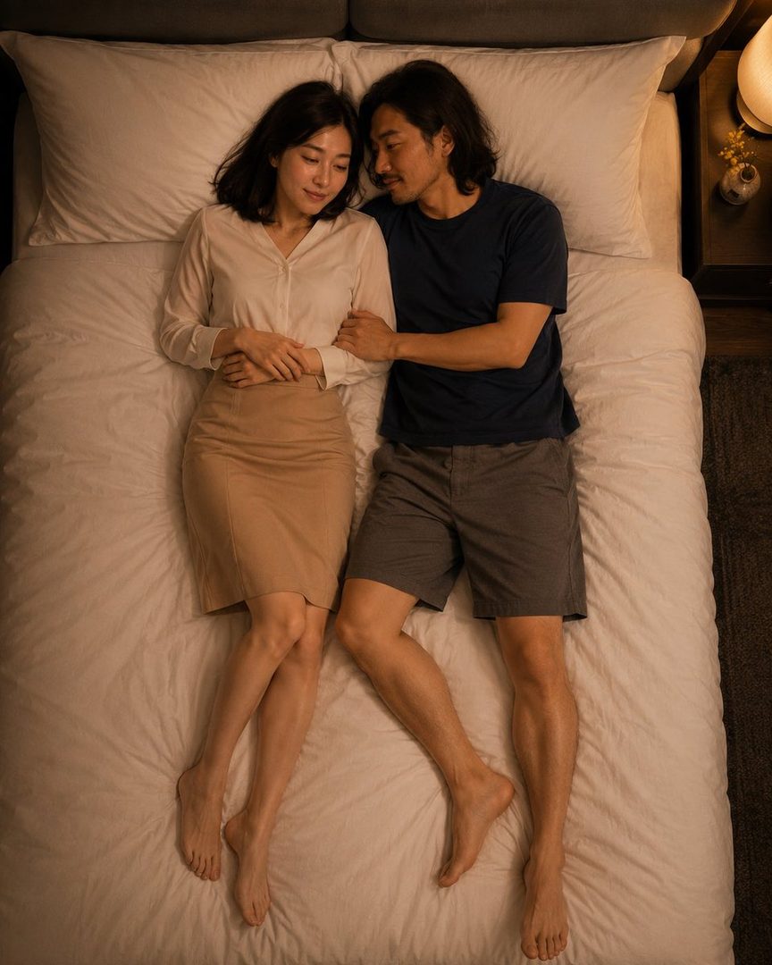 A man and a woman are lying in bed, looking at each other with gentle expressions.
