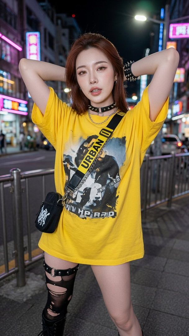 A young woman with brown hair and a yellow graphic t-shirt poses on a city street at night, wearing a studded choker and ripped stockings.