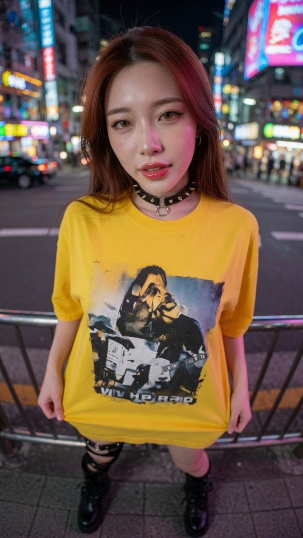 A young woman with long brown hair and a studded choker stands on a city street at night, wearing a yellow graphic t-shirt and black boots.