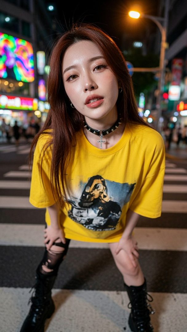 A young woman with long brown hair and a yellow graphic t-shirt poses on a city street at night.