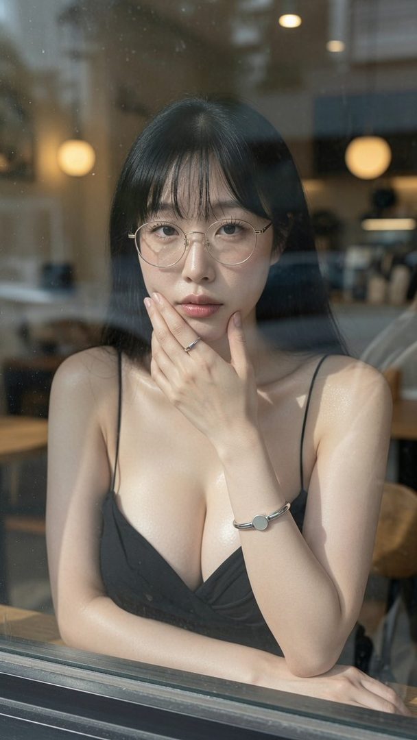 A photorealistic portrait of a young East Asian woman with black hair and glasses, wearing a black spaghetti strap top, looking through a window in a cafe.