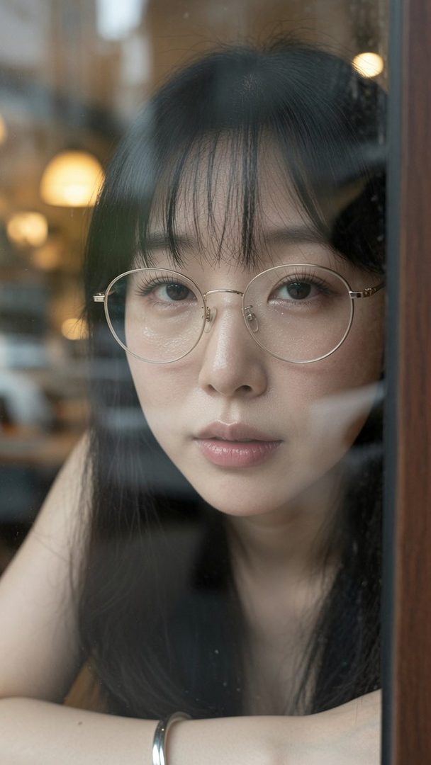 A young woman with black hair and glasses looks through a window, with a soft indoor background.