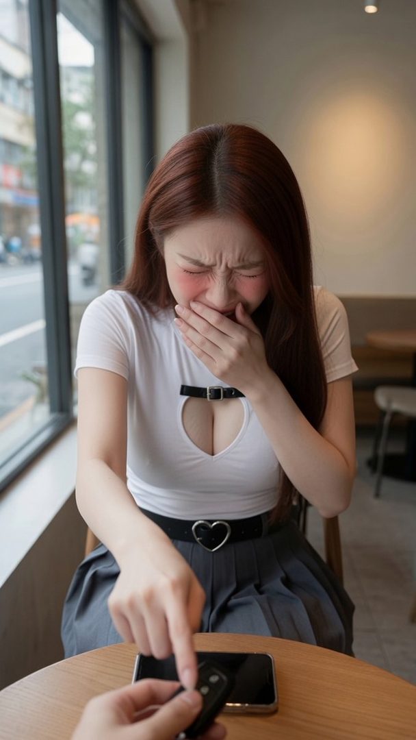 A woman with long red hair, wearing a white top with a heart cutout and a grey skirt, covers her mouth with her hand, looking surprised or embarrassed in a cafe.