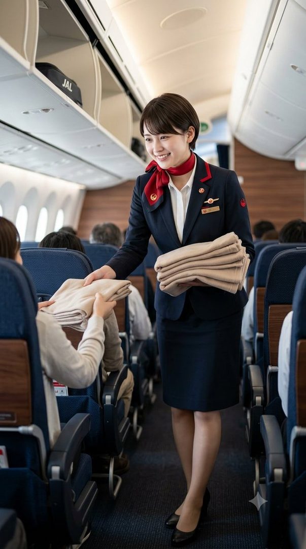 A smiling flight attendant in a dark blue uniform and red scarf hands a blanket to a passenger on an airplane.
