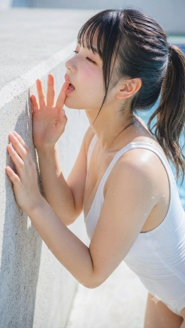 A woman in a white swimsuit poses suggestively by a pool, touching her lips with her finger.