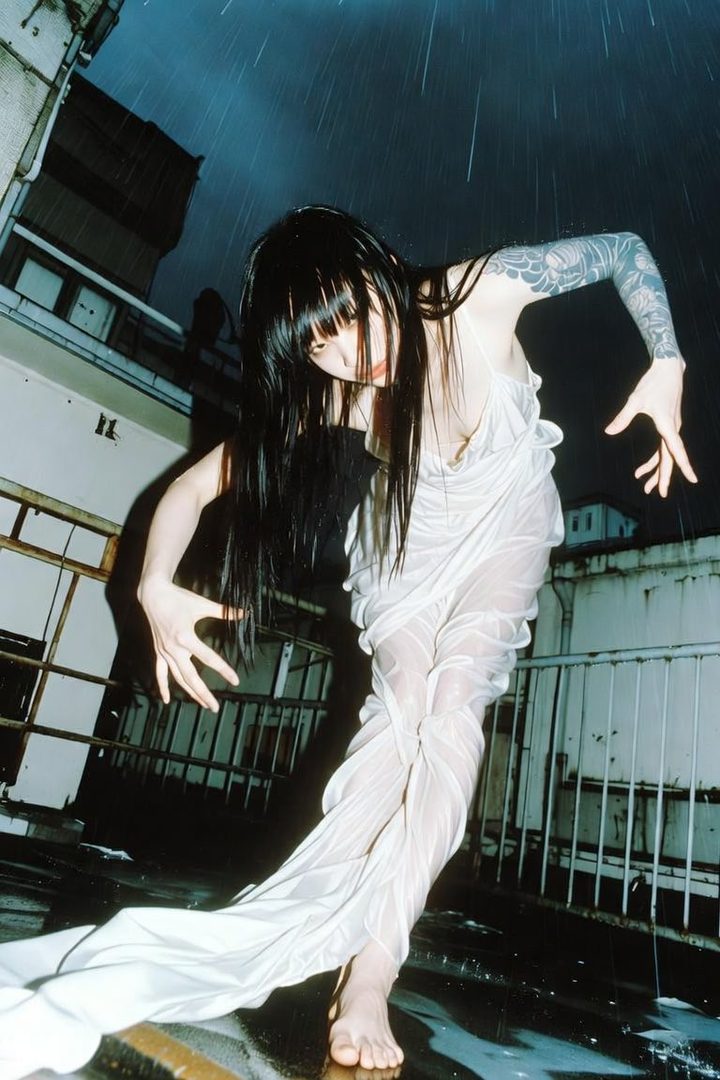 A woman with long black hair and a white wet dress poses in the rain on a rooftop at night.