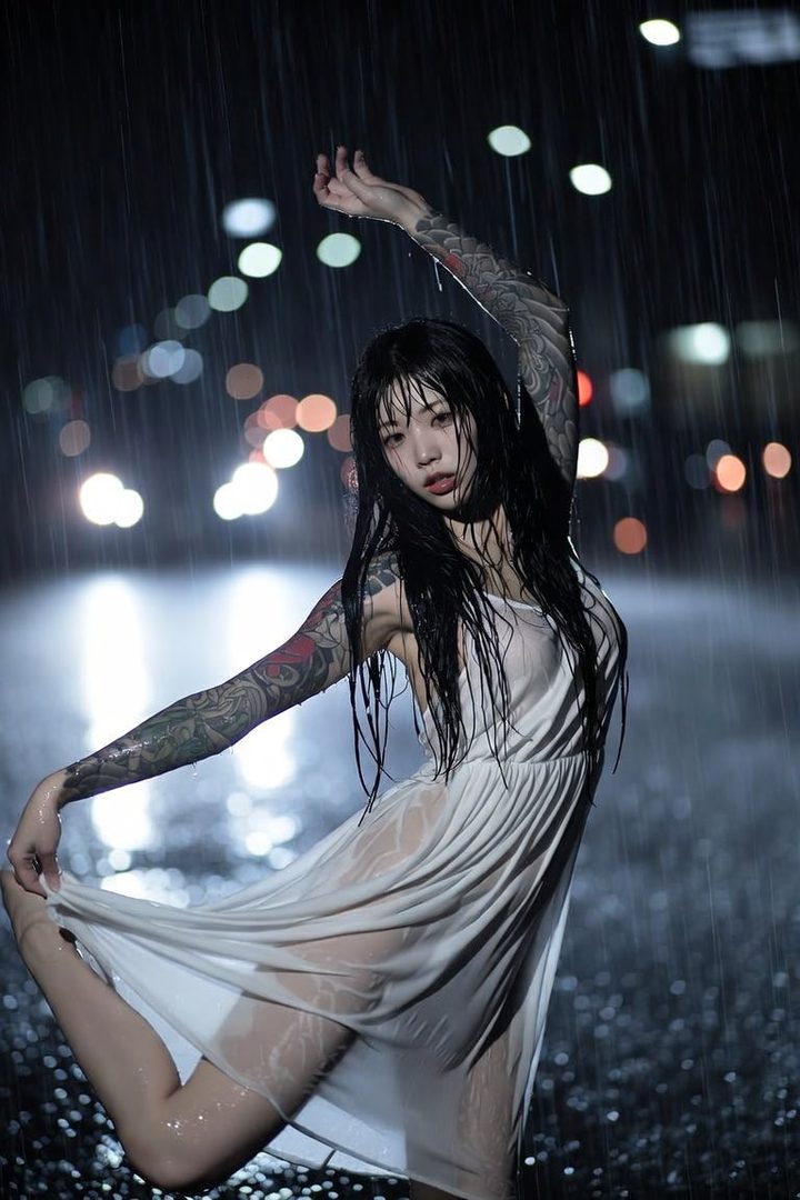 A woman with long black hair and tattoos on her arms poses in a wet white dress on a rainy street at night, with blurred city lights in the background.