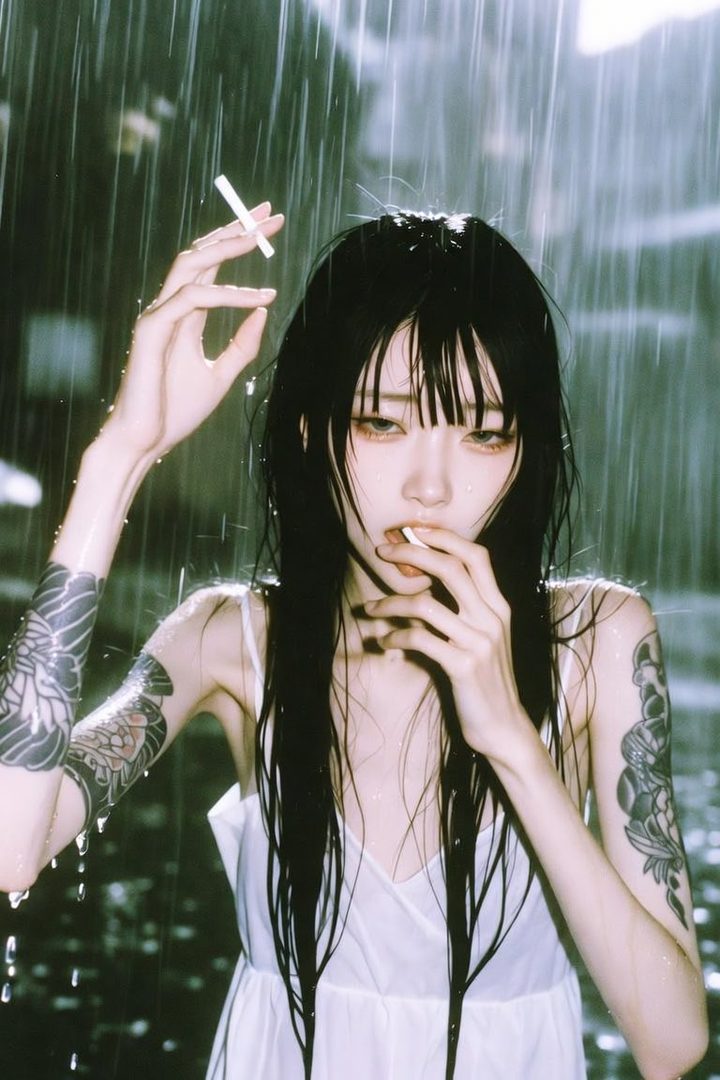 A photorealistic portrait of a woman with long black hair and tattoos on her arms, standing in the rain while holding a cigarette.