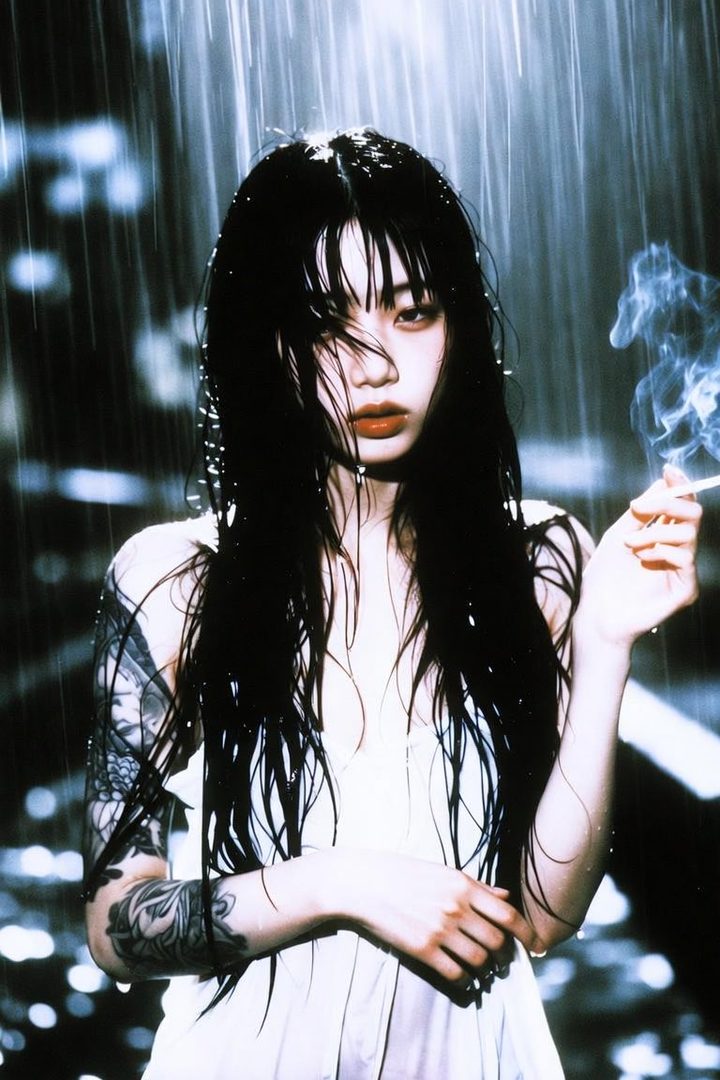 A photorealistic portrait of a woman with long black hair and tattoos, smoking a cigarette in the heavy rain.