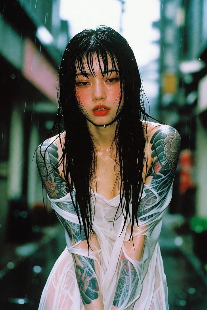 A woman with long black hair and tattoos on her arms stands in the rain, wearing a wet white dress.
