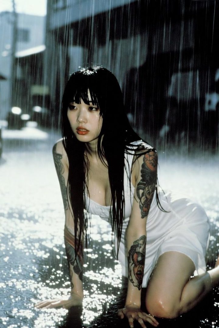 A woman with long black hair and tattoos on her arms kneels in the rain on a street, wearing a white dress.