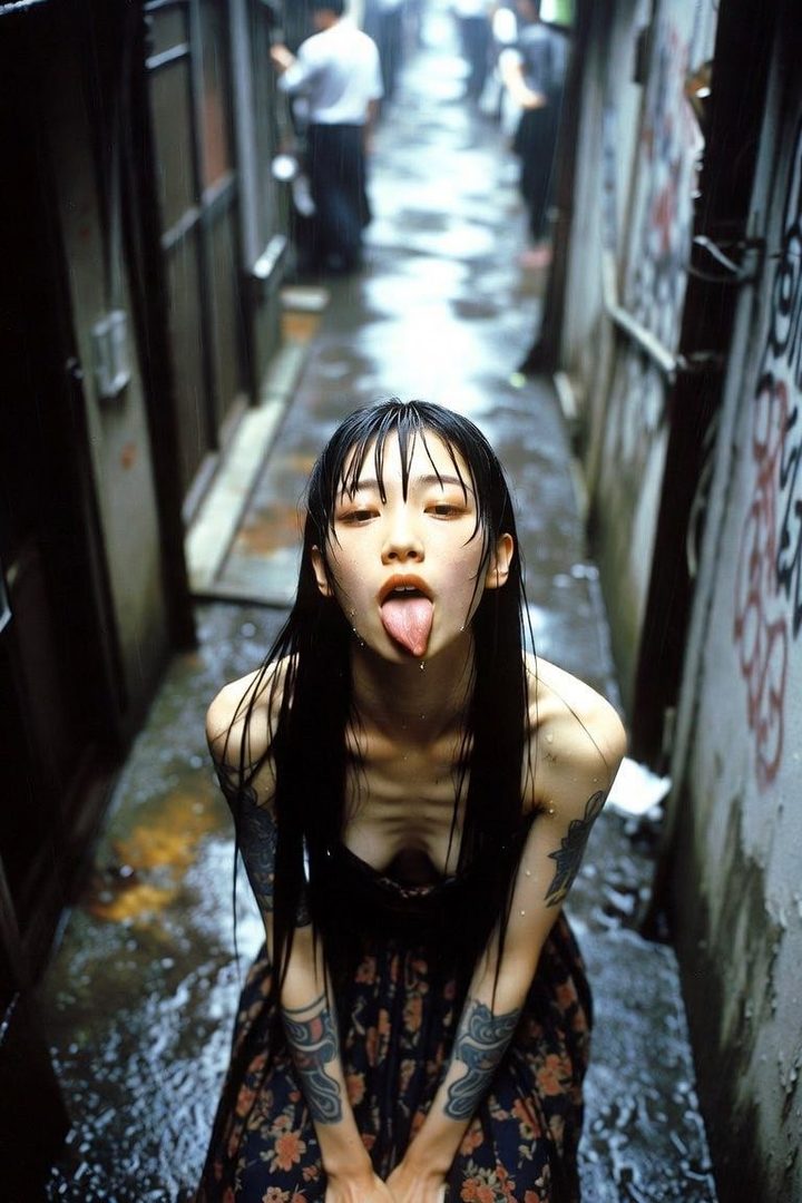 A young woman with wet black hair and tattoos on her arms sticks out her tongue while kneeling in a narrow, wet alleyway.