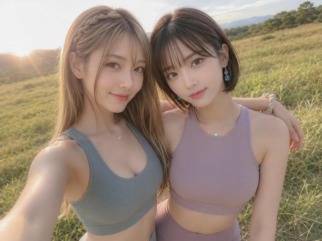 Two young women in sportswear take a selfie outdoors during golden hour, with one having long blonde hair and the other short brown hair.