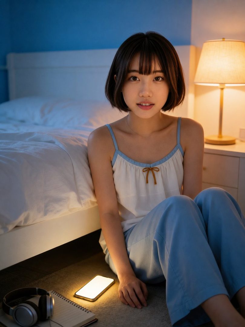 A young woman with short black hair and bangs sits on the floor next to a bed, wearing casual pajamas, with a glowing smartphone and headphones nearby in a dimly lit room.