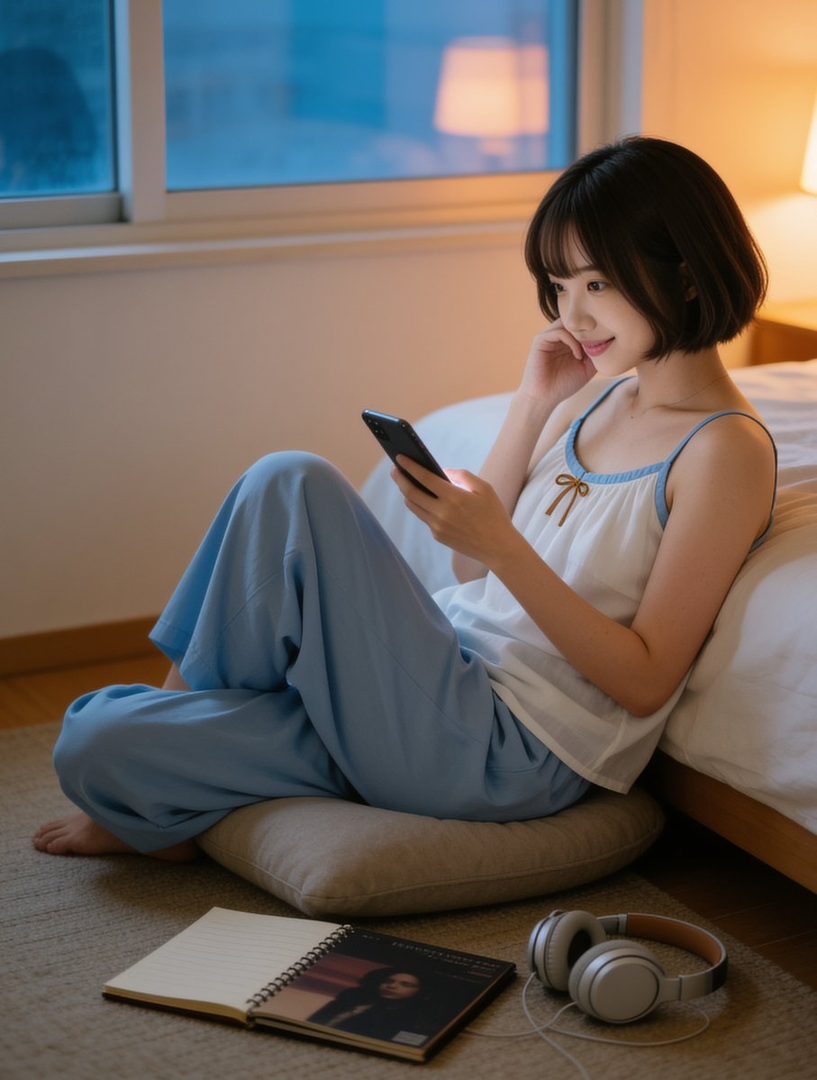 A young woman with short brown hair sits on the floor in a dimly lit room, looking at her phone.