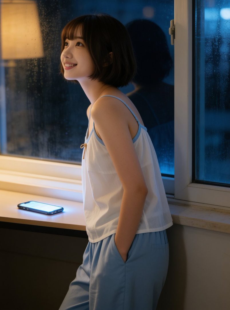 A young woman with short brown hair and bangs, wearing a white camisole and light blue pants, stands by a window at night, looking out with a gentle smile. A glowing smartphone rests on the windowsill beside her.