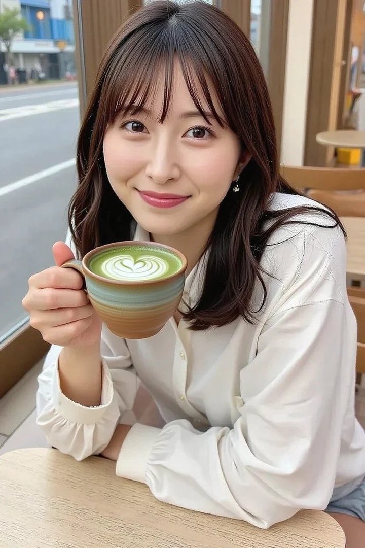 A young woman with long brown hair and bangs smiles while holding a cup of matcha latte in a cafe.