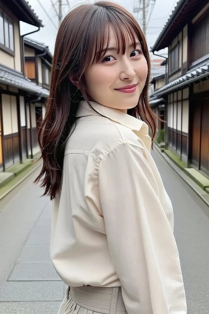 A young woman with long brown hair and bangs smiles gently while looking over her shoulder on a traditional Japanese street.