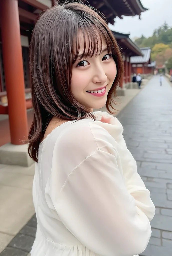 A photorealistic AI-generated portrait of a young Japanese woman with brown hair and bangs, wearing a white blouse, smiling gently while looking over her shoulder in an outdoor setting with traditional Japanese architecture in the background.