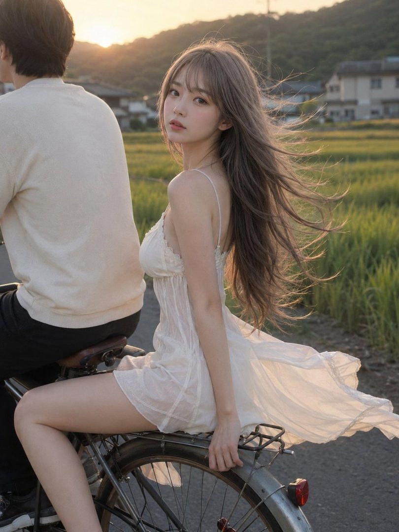 A young woman with long brown hair in a white dress sits on the back of a bicycle, looking back at the camera during golden hour in a rural setting.