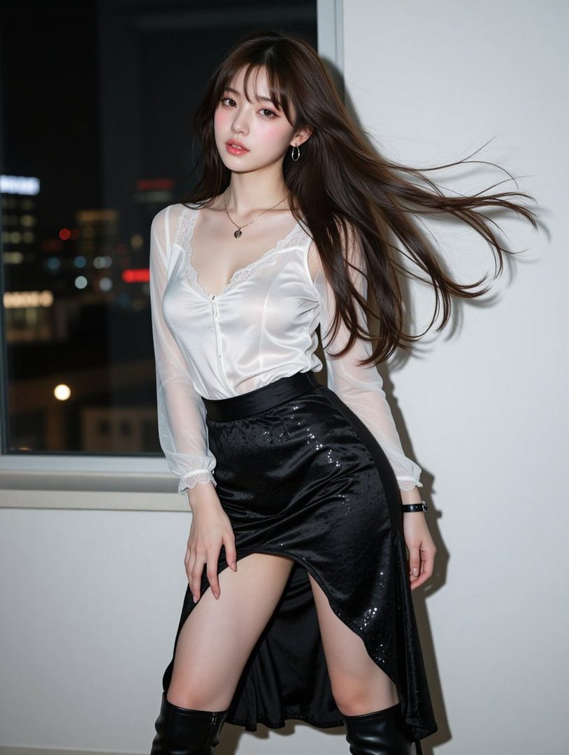 A photorealistic portrait of a young woman with long brown hair, wearing a white sheer top and a black skirt, posing indoors at night.