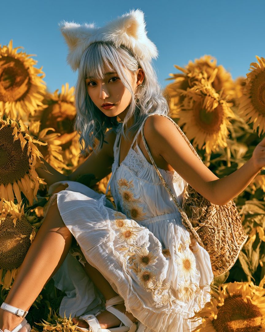 A young woman with blue hair and cat ears headband sits in a sunflower field, wearing a white dress with sunflower patterns.