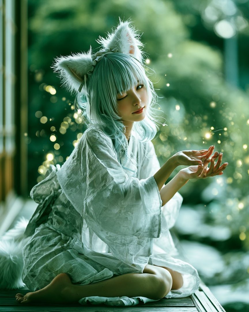 A young woman with light blue hair and cat ears, wearing a white kimono, sits outdoors at night with sparkling lights around her.