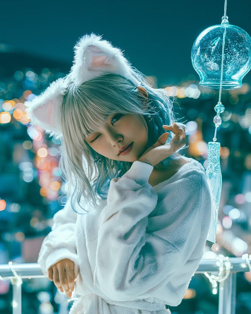 A woman with silver hair and cat ears winks at the camera, wearing a white fluffy top on a rooftop at night with city lights in the background.
