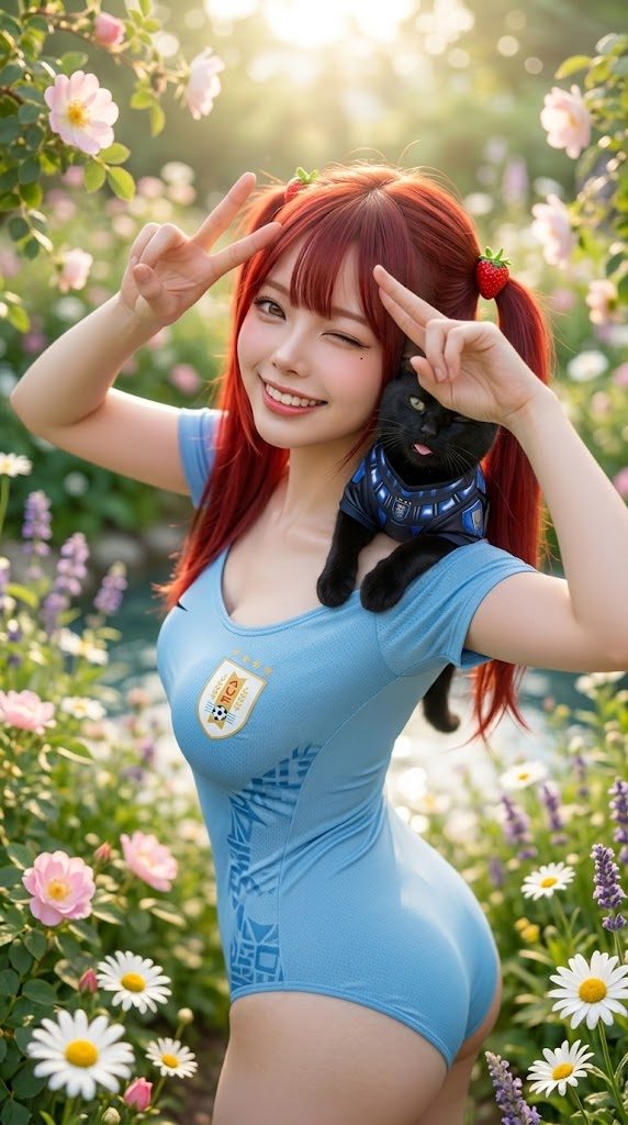 A cute girl with red twintails and strawberry hair clips winks at the camera while making a peace sign, wearing a light blue swimsuit with a black cat on her shoulder, surrounded by flowers in a sunny garden.