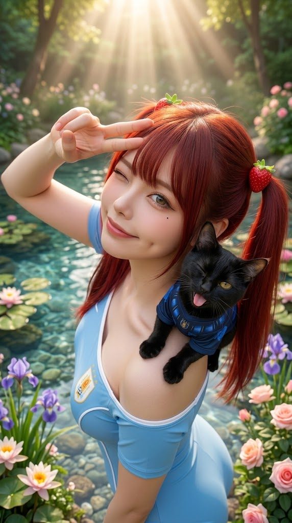 A cute girl with red hair in pigtails and strawberry hair clips, wearing a light blue top, winks and makes a peace sign while holding a black cat in a blue shirt, set in a lush garden with water lilies and sunlight.