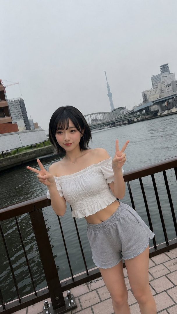 A young woman with short black hair and bangs poses by a river with the Tokyo Skytree in the background, wearing a white off-shoulder top and grey shorts.
