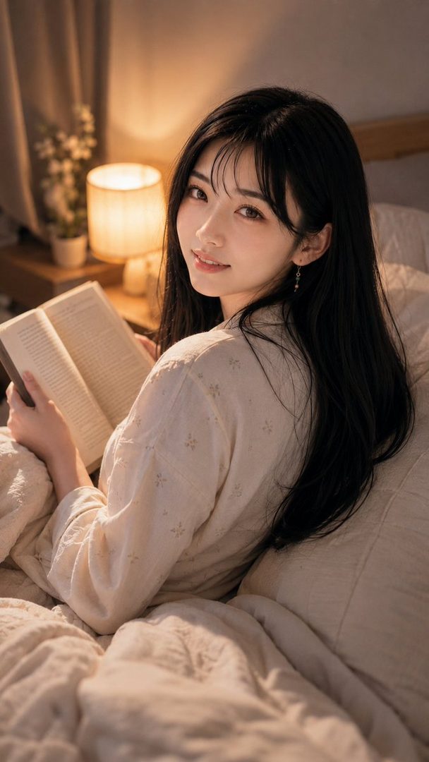 A young woman with long black hair and bangs is reading a book in bed at night, looking over her shoulder at the camera.