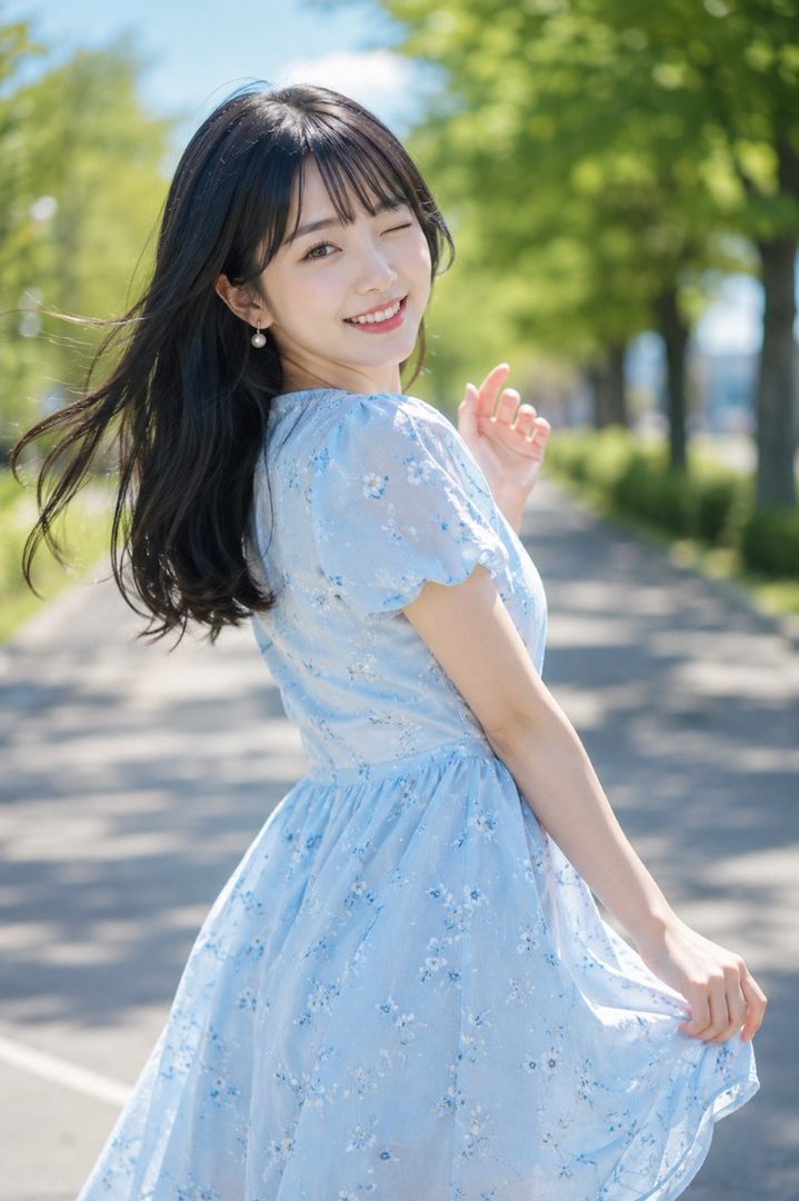 A young woman with long black hair and bangs, wearing a light blue floral dress, winks at the camera outdoors on a sunny day.