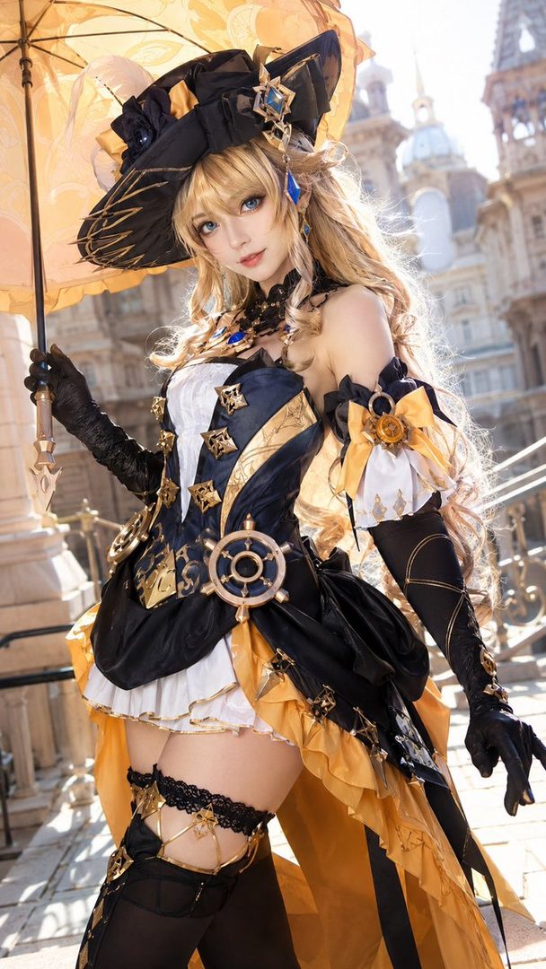 A blonde woman in an elaborate black and gold dress and hat, holding an umbrella, posing outdoors in a European-style setting.