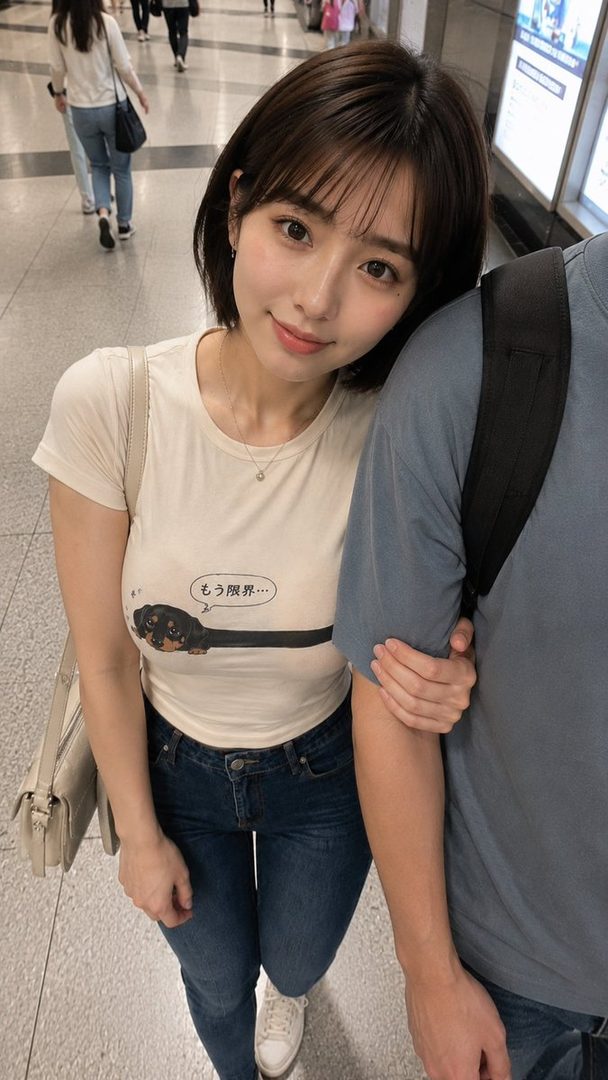 A young woman with short brown hair and bangs, wearing a white t-shirt with a dachshund graphic and jeans, smiles while holding onto a man's arm in an indoor public space.