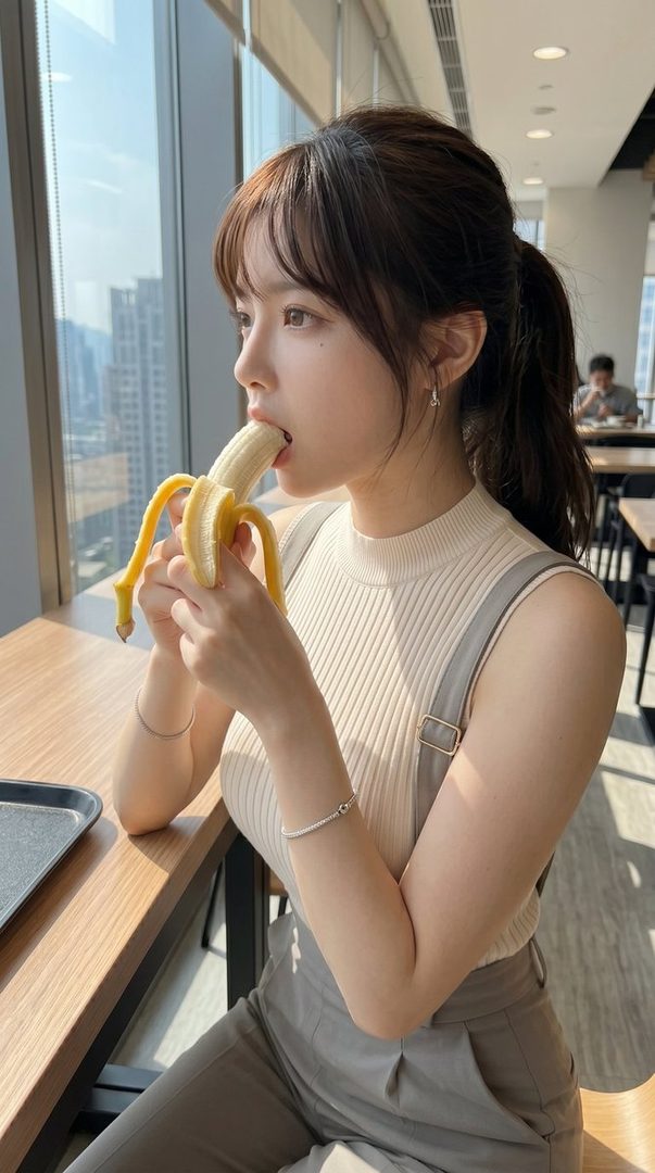 A young woman with brown hair in a ponytail and bangs, wearing a light-colored ribbed top and overalls, is eating a banana while looking out a window in an indoor setting.